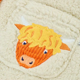 Frugi Rye highland cow fleece jacket in cream with Highland cow cord applique on pocket.