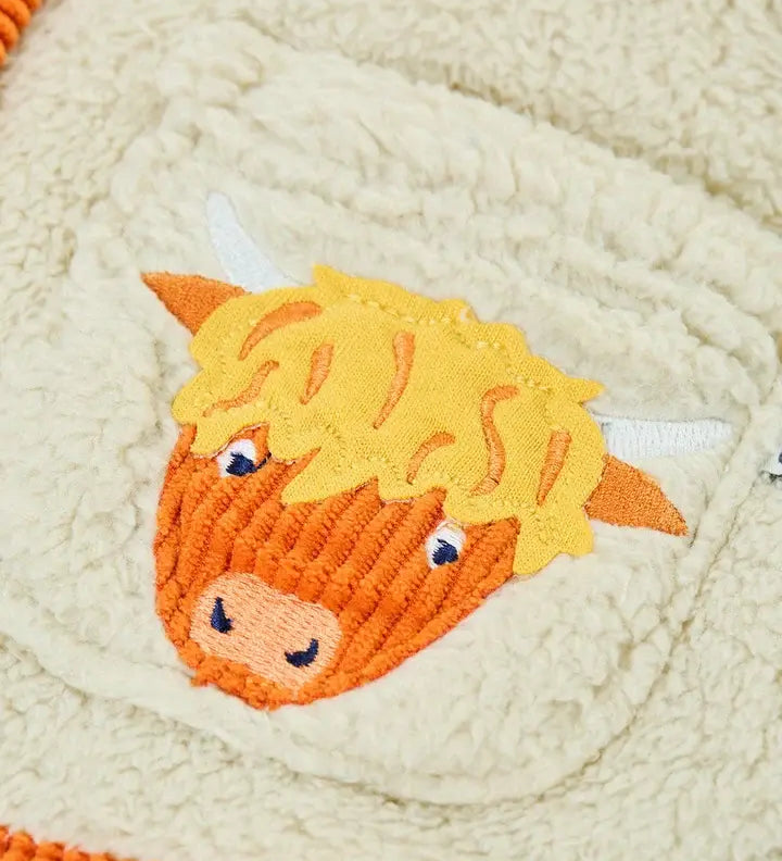Frugi Rye highland cow fleece jacket in cream with Highland cow cord applique on pocket.
