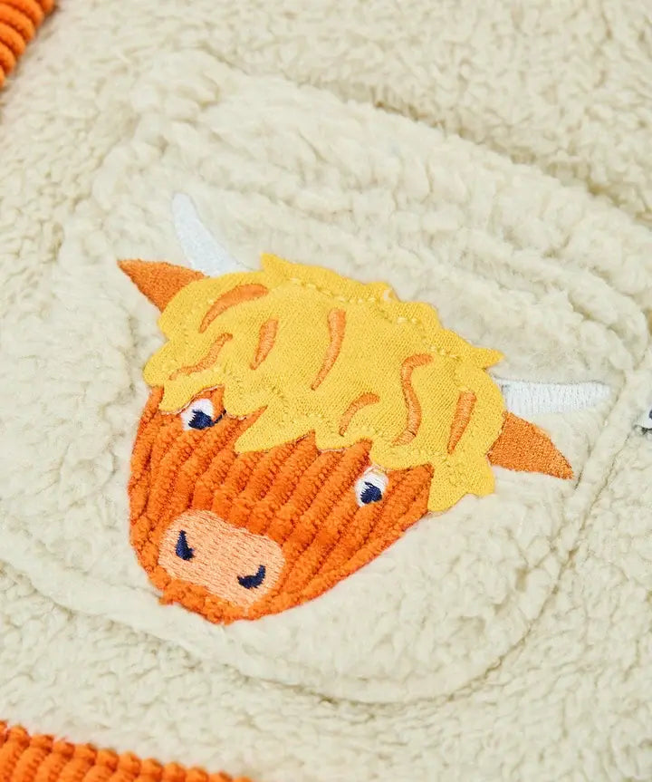 Frugi Rye highland cow fleece jacket in cream with Highland cow cord applique on pocket.
