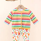 Frugi scrumptios babygrow set in squirrel friends hanging on a branch and  available at Babipur. A 100% GOTS organic cotton set including a white babygrow with playful squirrel prints and a rainbow striped cardigan. 