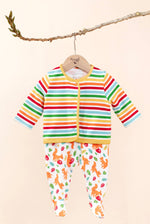 Frugi scrumptios babygrow set in squirrel friends hanging on a branch and  available at Babipur. A 100% GOTS organic cotton set including a white babygrow with playful squirrel prints and a rainbow striped cardigan. 