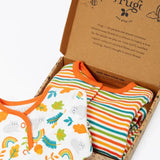 Frugi scrumptious baby gift box set with striped orange baby grow and cat cardigan. 