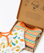 Frugi scrumptious baby gift box set with striped orange baby grow and cat cardigan. 