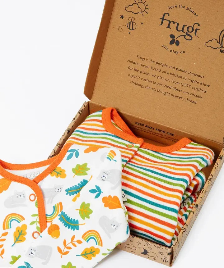 Frugi scrumptious baby gift box set with striped orange baby grow and cat cardigan. 