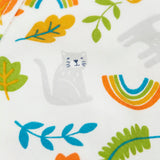 Frugi GOTS organic cotton baby bodysuit showing a close up of the repeating cat and autumn leaves design on white organic cotton fabric.