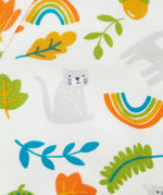 Frugi GOTS organic cotton baby bodysuit showing a close up of the repeating cat and autumn leaves design on white organic cotton fabric.