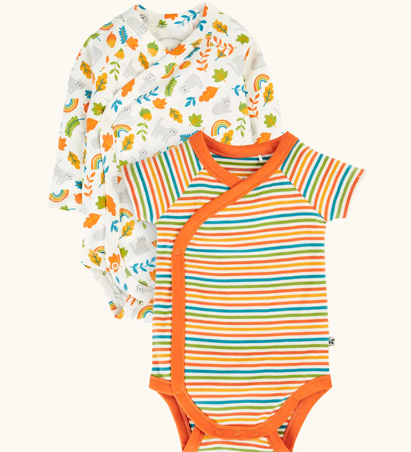 Frugi GOTS organic cotton baby bodysuit 2 pack in white with a repeating cat and leaf design. Another with multicoloured stripes