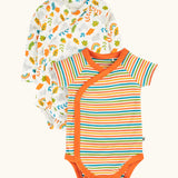 Frugi GOTS organic cotton baby bodysuit 2 pack in white with a repeating cat and leaf design. Another with multicoloured stripes