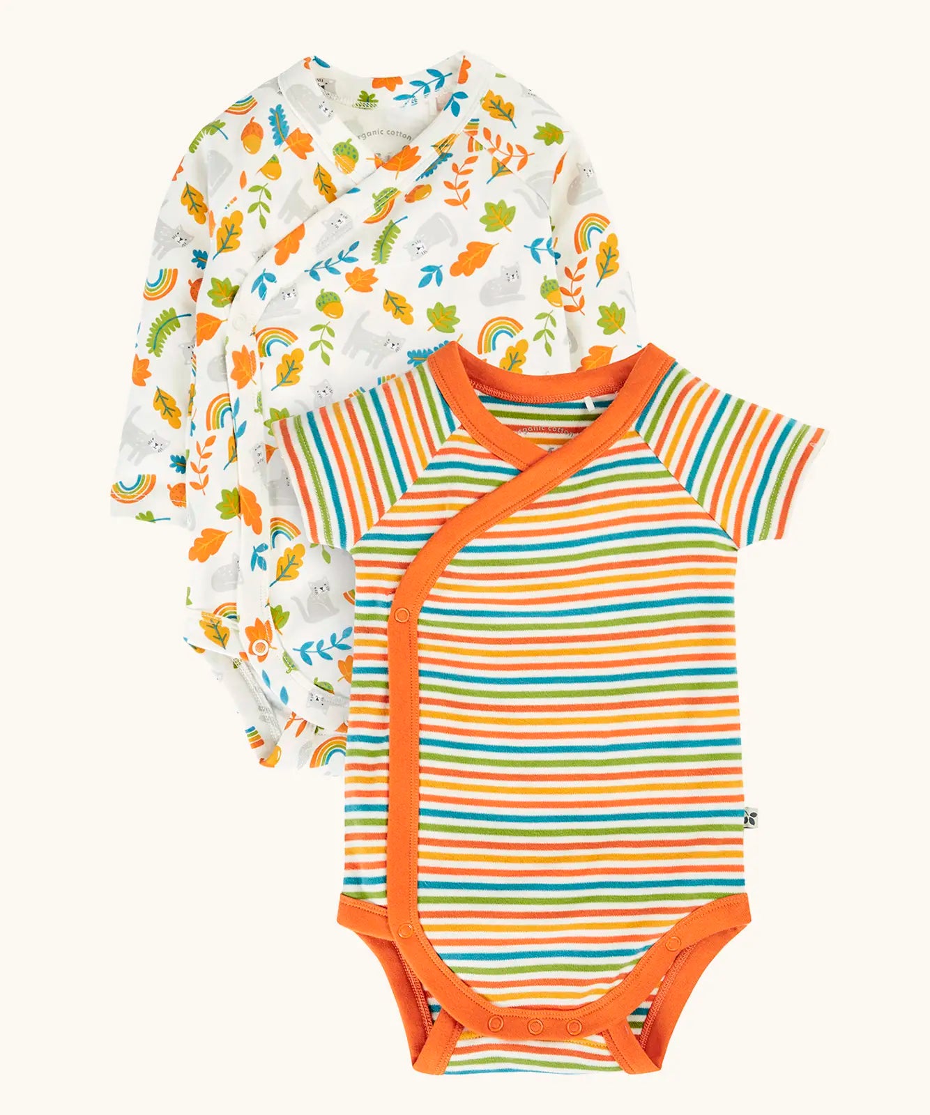 Frugi GOTS organic cotton baby bodysuit 2 pack in white with a repeating cat and leaf design. Another with multicoloured stripes