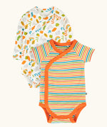 Frugi GOTS organic cotton baby bodysuit 2 pack in white with a repeating cat and leaf design. Another with multicoloured stripes