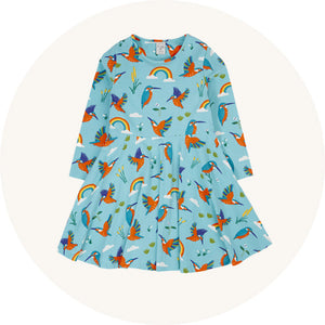 Frugi Sofia Skater Dress in Kingfisher Skies to represent Frugi baby and children dresses and skirts for sale at Babipur.
