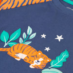 A closer look at the tiger and leaf applique on the front of the Frugi Jamie Jim Jams - Sleeping Tiger top