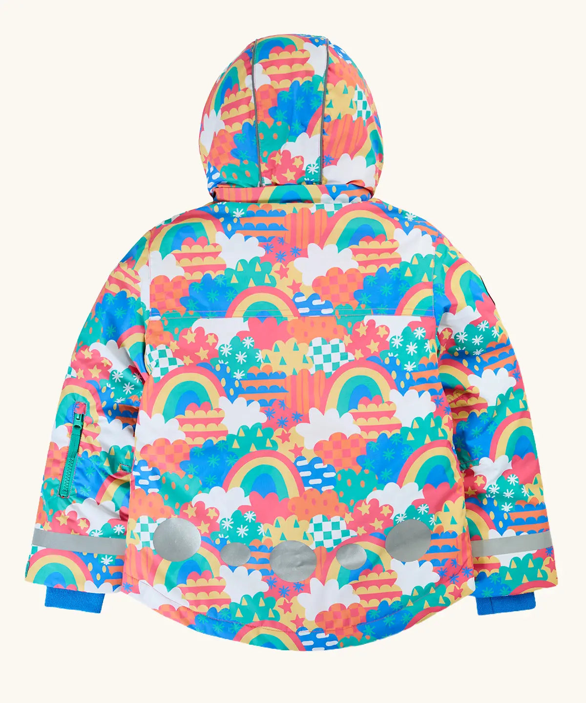 Frugi snow and ski coat in the fun frenzy design showing reflective patches on lower the lower back