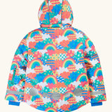 Frugi snow and ski coat in the fun frenzy design showing reflective patches on lower the lower back