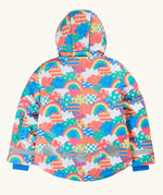 Frugi snow and ski coat in the fun frenzy design showing reflective patches on lower the lower back