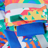 Frugi snow and ski coat in the fun frenzy design showing close up of adjustable velcro strap on the cuff