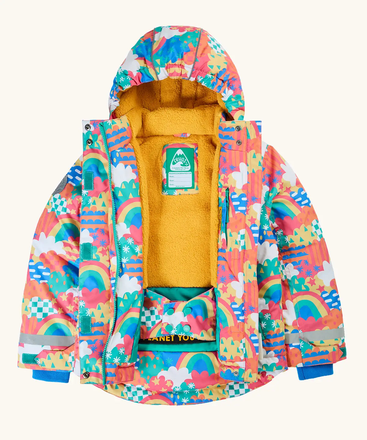 An open Frugi snow and ski coat in the fun frenzy design showing a full length zip fastener, snow skirt and yellow fleece inner liner