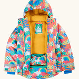 An open Frugi snow and ski coat in the fun frenzy design showing a full length zip fastener, snow skirt and yellow fleece inner liner