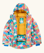 An open Frugi snow and ski coat in the fun frenzy design showing a full length zip fastener, snow skirt and yellow fleece inner liner