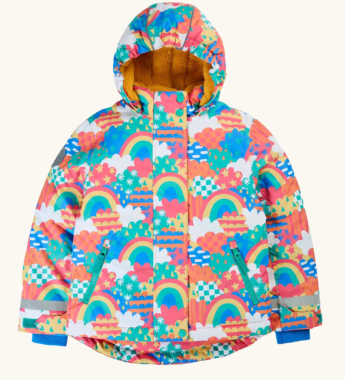 Frugi recycled polyester snow and ski coat in fun frenzy showing a repeating multicolour abstract cloud and rainbow design, side pockets and yellow fleece inner lining.
