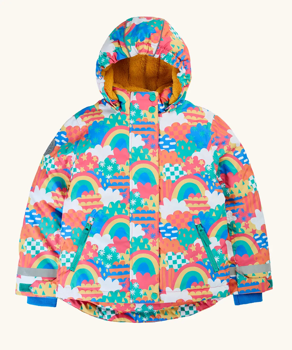 Frugi recycled polyester snow and ski coat in fun frenzy showing a repeating multicolour abstract cloud and rainbow design, side pockets and yellow fleece inner lining.