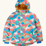 Frugi recycled polyester snow and ski coat in fun frenzy showing a repeating multicolour abstract cloud and rainbow design, side pockets and yellow fleece inner lining.