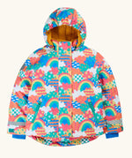 Frugi recycled polyester snow and ski coat in fun frenzy showing a repeating multicolour abstract cloud and rainbow design, side pockets and yellow fleece inner lining.