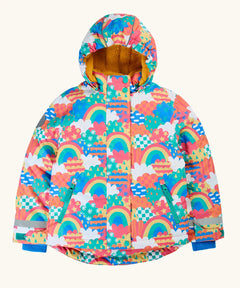 Frugi recycled polyester snow and ski coat in fun frenzy showing a repeating multicolour abstract cloud and rainbow design, side pockets and yellow fleece inner lining.