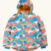 Frugi recycled polyester snow and ski coat in fun frenzy showing a repeating multicolour abstract cloud and rainbow design, side pockets and yellow fleece inner lining.