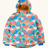 Frugi recycled polyester snow and ski coat in fun frenzy showing a repeating multicolour abstract cloud and rainbow design, side pockets and yellow fleece inner lining.
