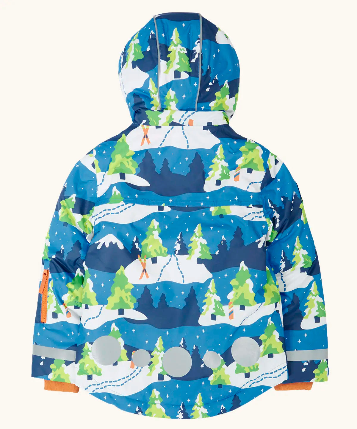Back of the Frugi recycled polyester snow and ski coat in starry slopes with the hood up showing circular reflective patches on the bottom half