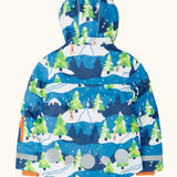 Back of the Frugi recycled polyester snow and ski coat in starry slopes with the hood up showing circular reflective patches on the bottom half