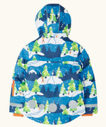 Back of the Frugi recycled polyester snow and ski coat in starry slopes with the hood up showing circular reflective patches on the bottom half