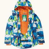 An open Frugi recycled polyester snow and ski coat in starry slopes showing a full length zip, orange fleece inner and adjustable snow skirt