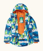 An open Frugi recycled polyester snow and ski coat in starry slopes showing a full length zip, orange fleece inner and adjustable snow skirt