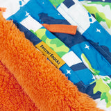 Frugi snow and ski coat in the starry slopes design showing a secret inside pocket 