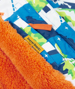 Frugi snow and ski coat in the starry slopes design showing a secret inside pocket 