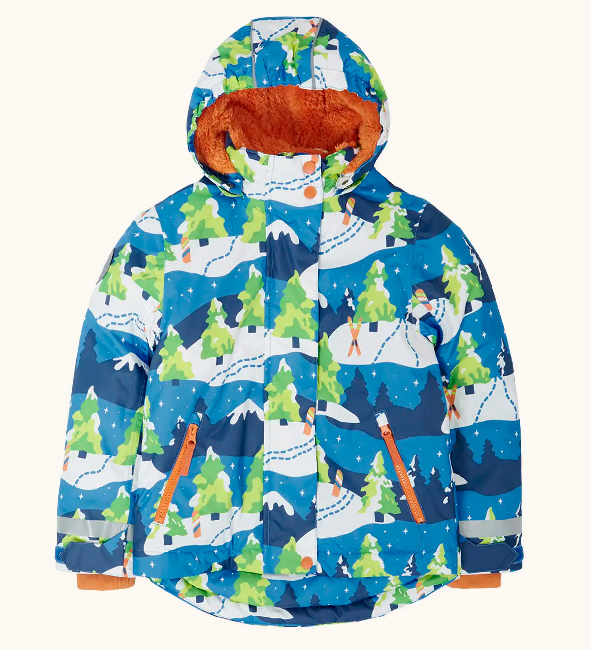 Frugi recycled polyester snow and ski coat in starry slopes showing a repeating snowy landscape design, side pockets and orange fleece inner lining.