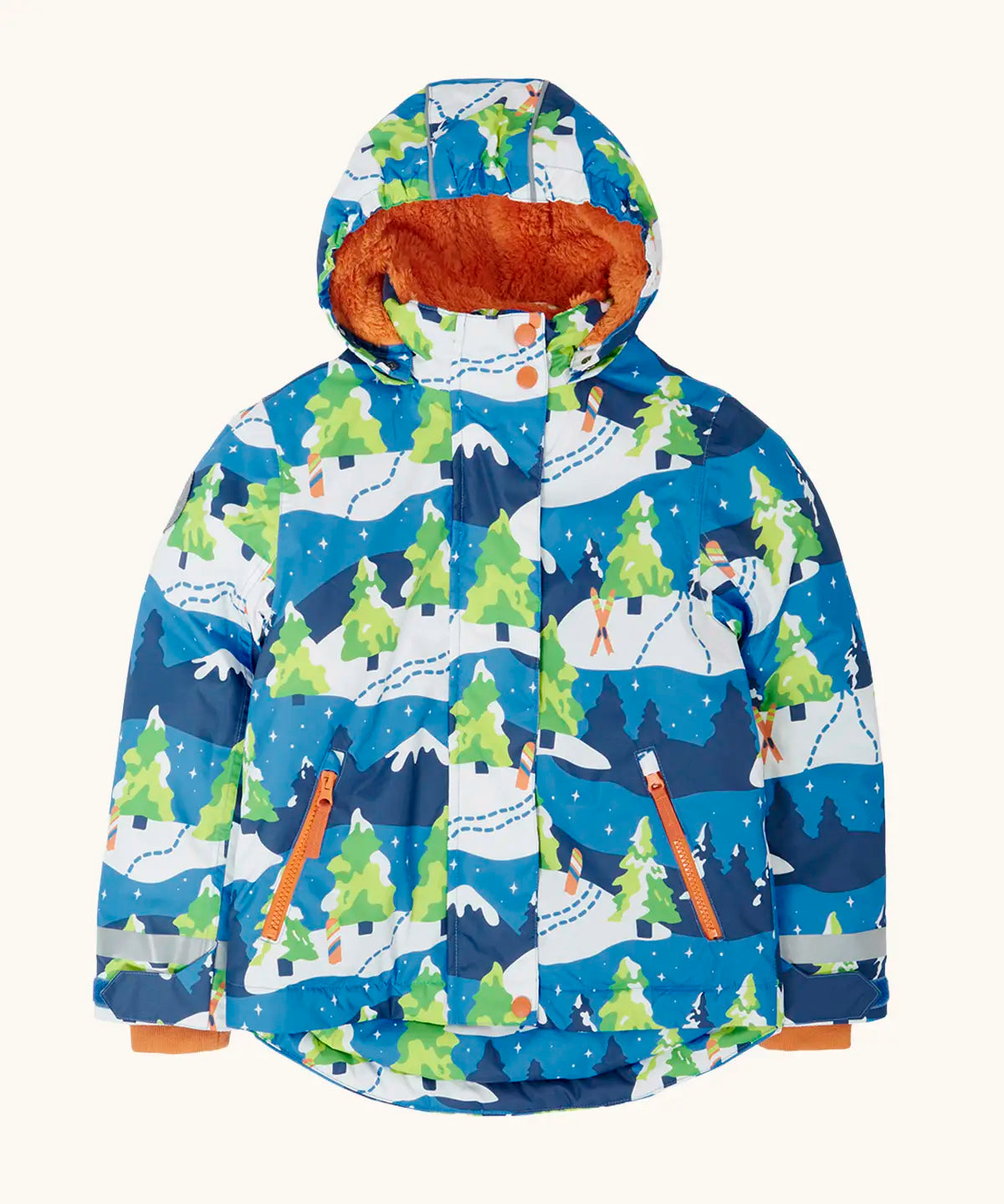Frugi recycled polyester snow and ski coat in starry slopes showing a repeating snowy landscape design, side pockets and orange fleece inner lining.