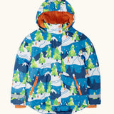 Frugi recycled polyester snow and ski coat in starry slopes showing a repeating snowy landscape design, side pockets and orange fleece inner lining.