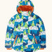 Frugi recycled polyester snow and ski coat in starry slopes showing a repeating snowy landscape design, side pockets and orange fleece inner lining.