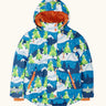 Frugi recycled polyester snow and ski coat in starry slopes showing a repeating snowy landscape design, side pockets and orange fleece inner lining.