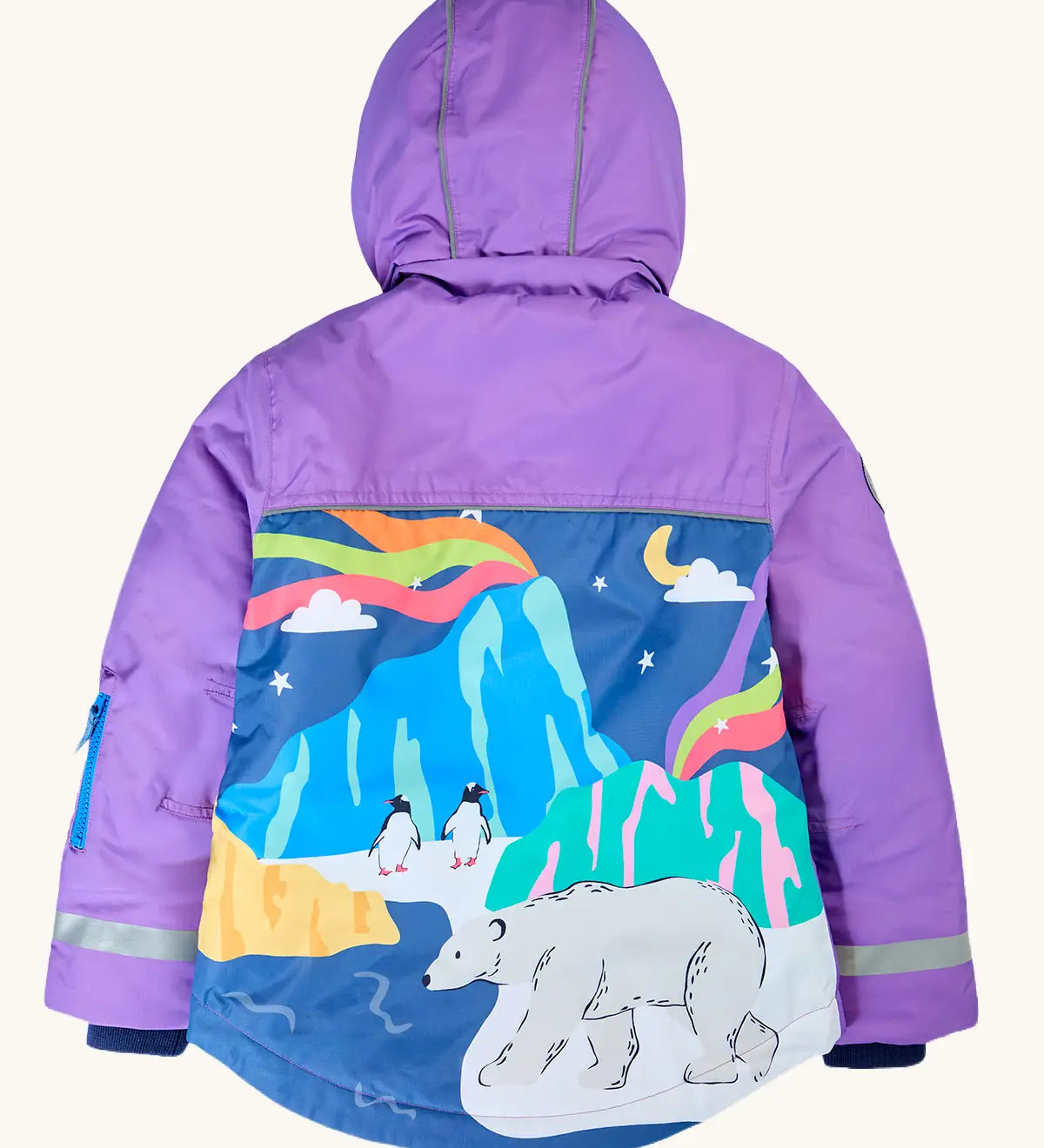 Frugi kids snow and ski coat in purple with a polar landscape scene design on the lower back