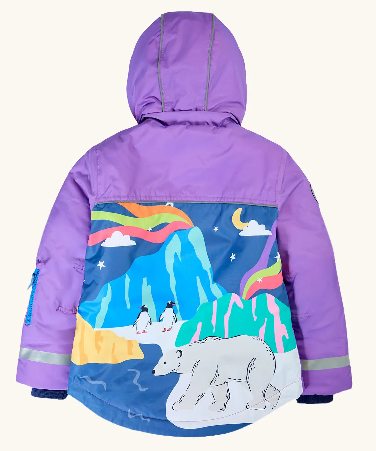 Frugi kids snow and ski coat in purple with a polar landscape scene design on the lower back
