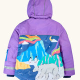 Frugi kids snow and ski coat in purple with a polar landscape scene design on the lower back