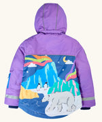 Frugi kids snow and ski coat in purple with a polar landscape scene design on the lower back
