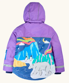Frugi kids snow and ski coat in purple with a polar landscape scene design on the lower back