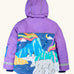 Frugi kids snow and ski coat in purple with a polar landscape scene design on the lower back