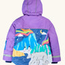 Frugi kids snow and ski coat in purple with a polar landscape scene design on the lower back