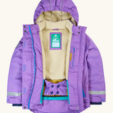 Opened Frugi kids snow and ski coat in purple showing a warm thick navy fleece inner with a name patch stitched inside. Features a full length zip with velcro fasteners. 